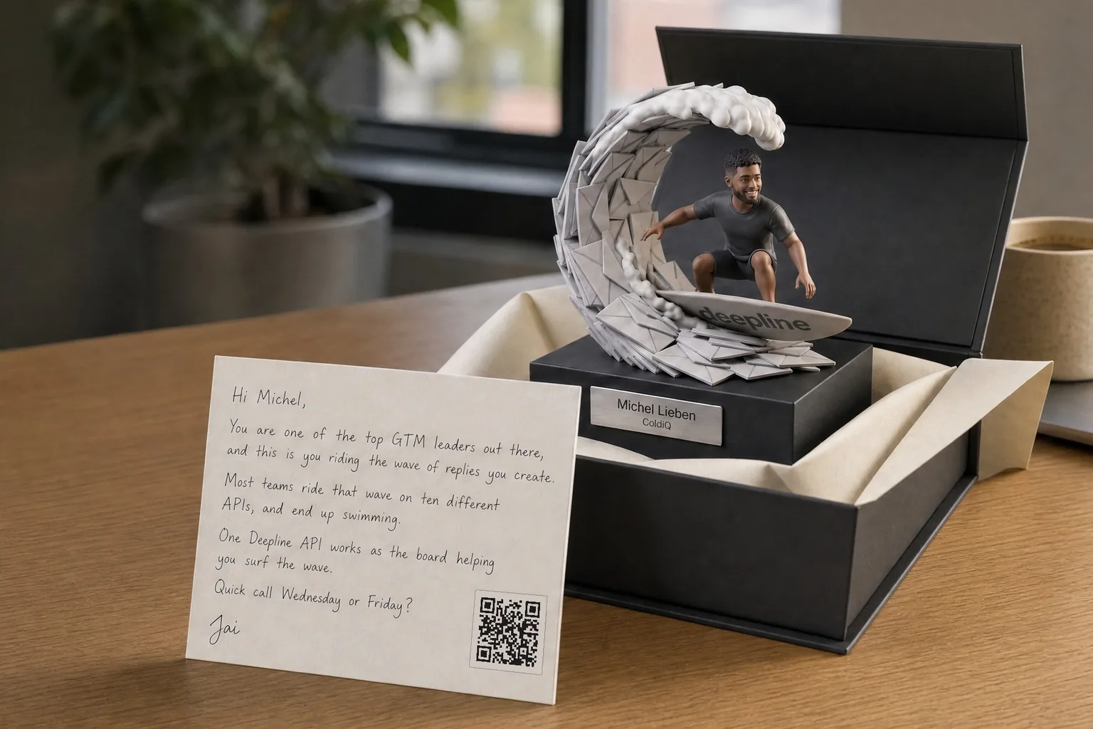 A personalised surfer figurine for Deepline, seated in its fitted gift box, beside a handwritten note with a QR code