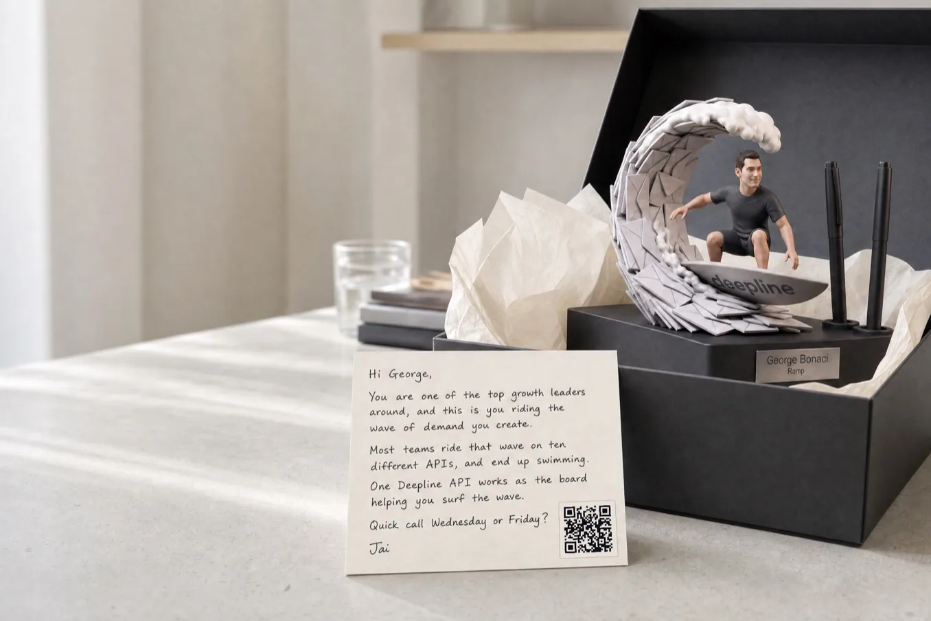 A handwritten note with a QR code in front of an open gift box holding a figurine with a pen stand